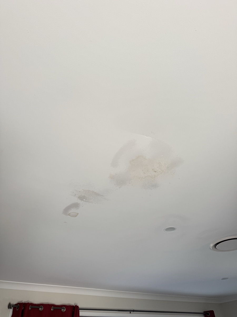 Water damaged plasterboard ceiling with visible mould staining before repair in Meringandan West