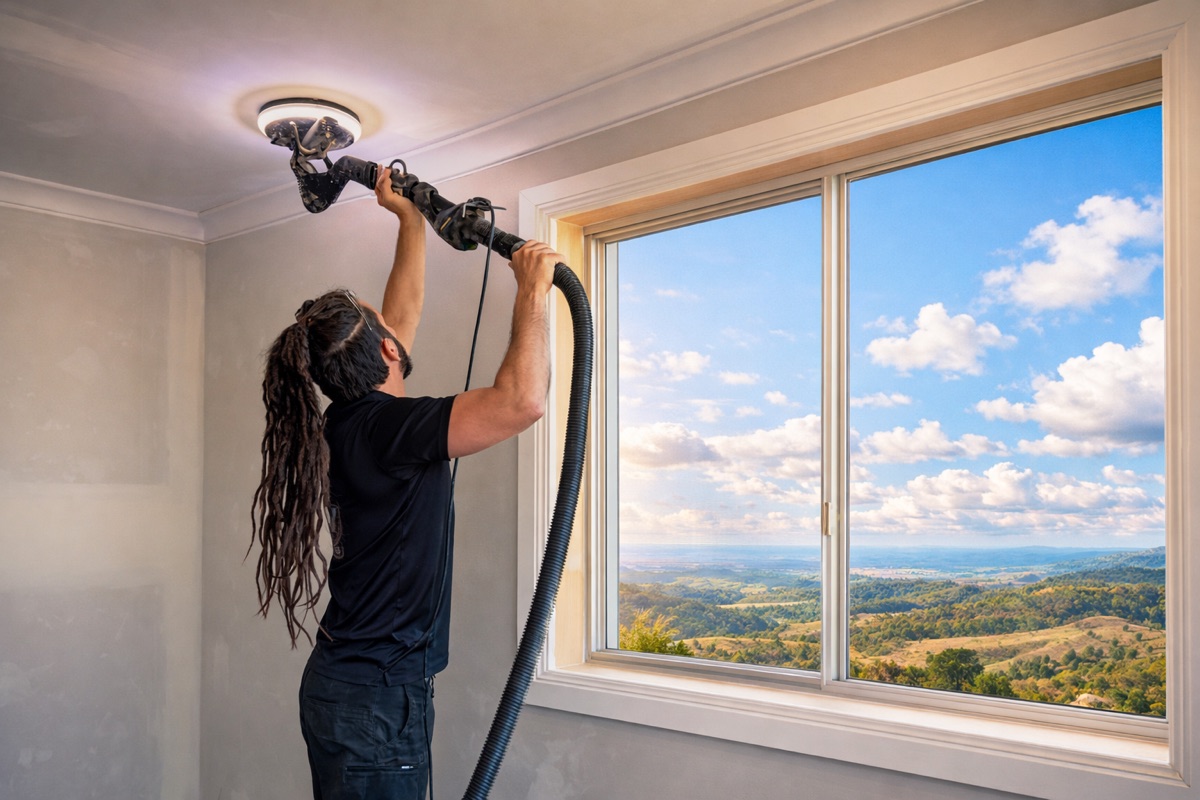 Kevin sanding a plasterboard ceiling in Toowoomba, plaster work by KGW