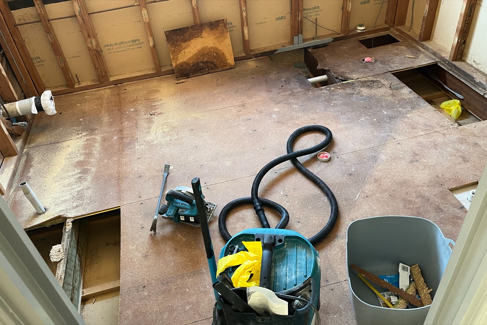 Water damaged second-storey ensuite subfloor before repair in Toowoomba